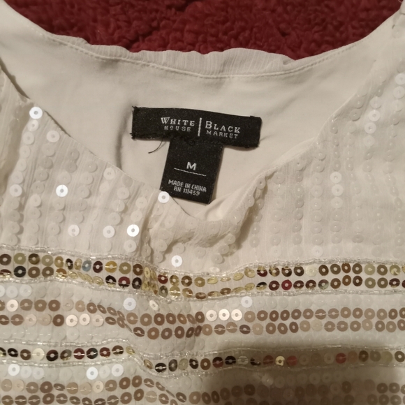 White House Black Market Cream Sequined Shear Overlay Sleeveless Blouse - Picture 4 of 5